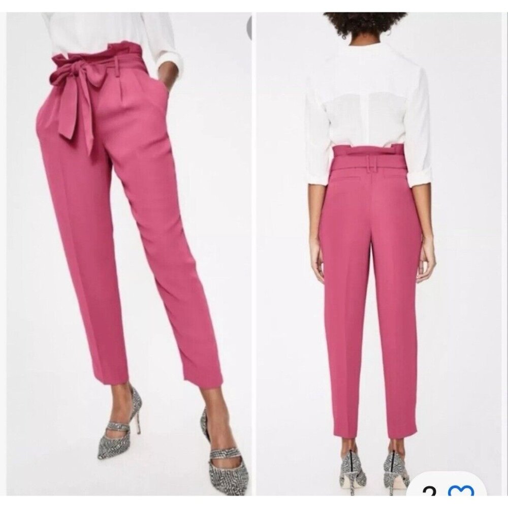 Boden Melina Pink Poppy Paperbag Pants Belted High Rise Straight Leg Size 10R - Picture 2 of 15